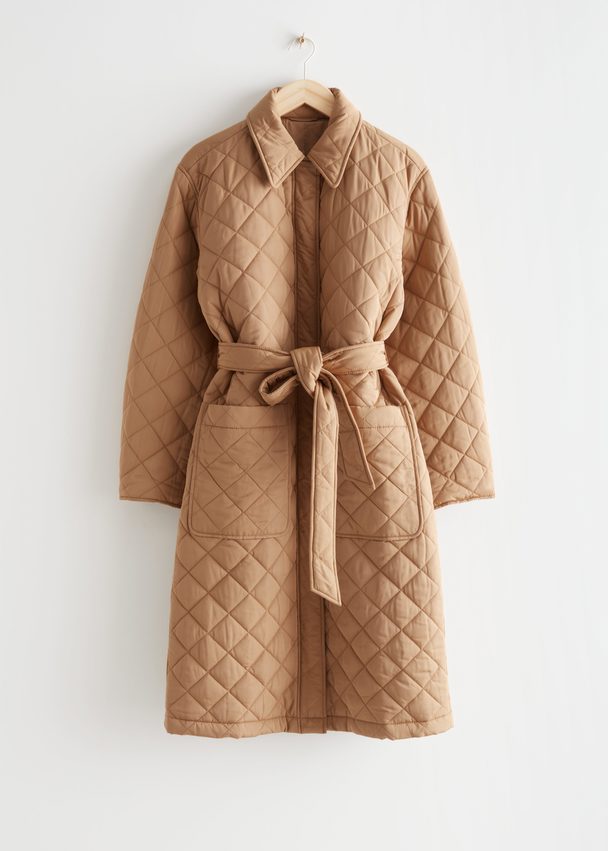 & Other Stories Belted Diamond Quilted Coat Beige