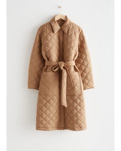 Belted Diamond Quilted Coat Beige