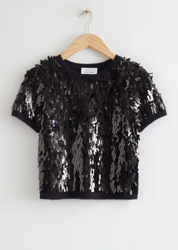 & Other Stories Knitted Sequin Cropped Top Black