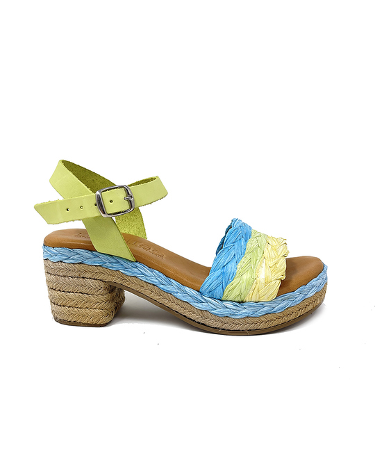 Liberitae Brigid Heeled Sandals In Green Leather And Jute With Braided Raffia Band