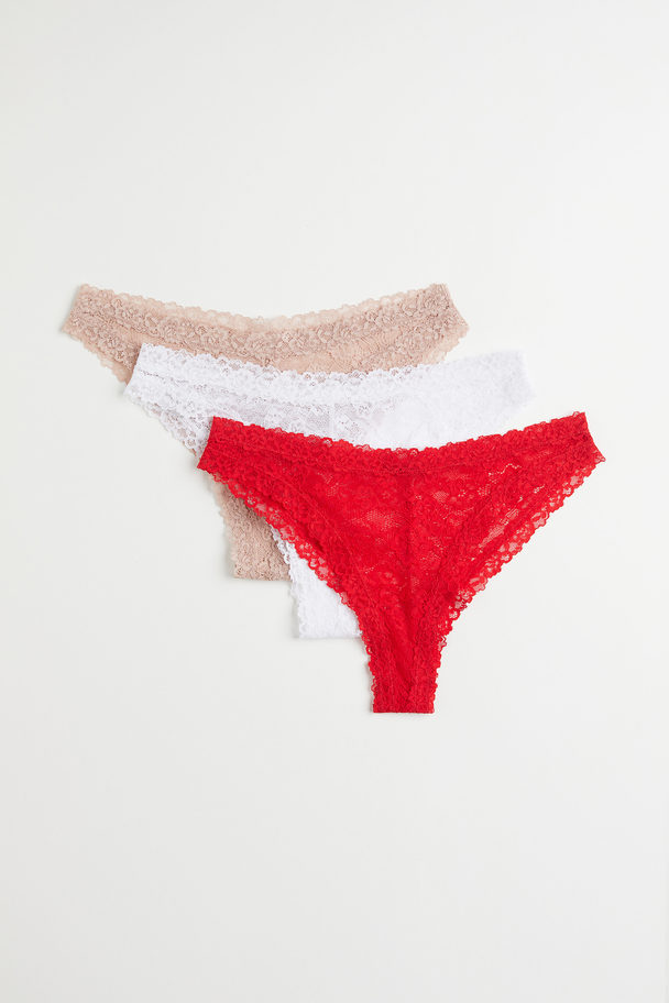 H&M 3-pack Lace Brazilian Briefs Old Rose/white/red