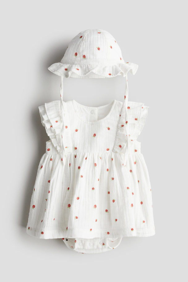 H&M 2-piece Patterned Muslin Set White/strawberries