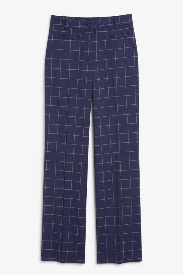 Monki High Waist Tailored Grid Checked Trousers Dark Blue Blue Grid Checks