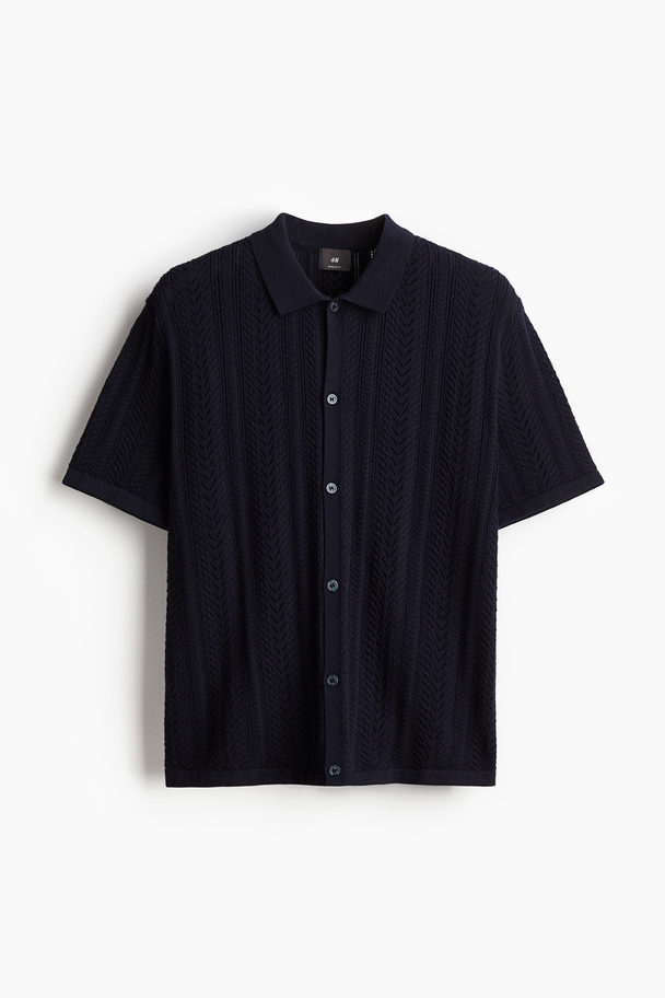 H&M Ajourgebreid Overhemd - Regular Fit Marineblauw