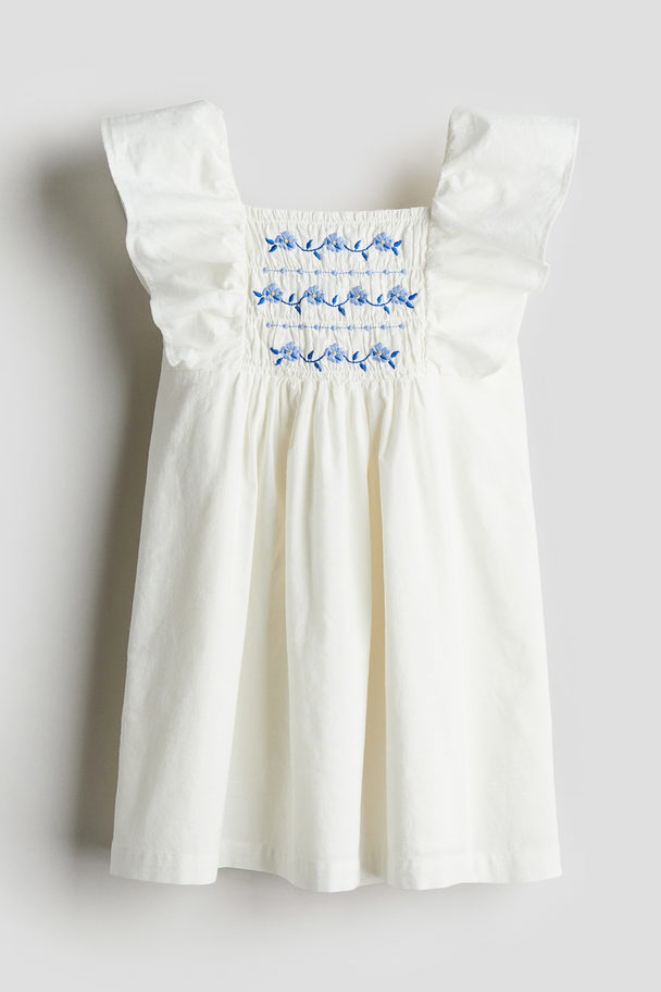 H&M Smock-detail Cotton Dress White/flowers