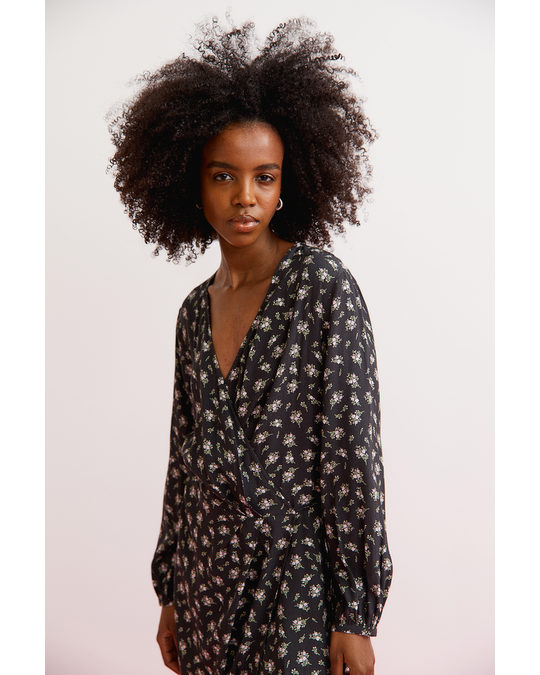 H&M Patterned Wrap Dress Dark Grey/floral