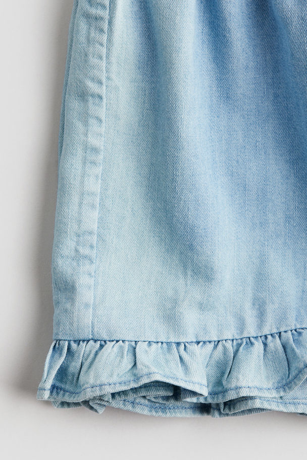 H&M Frill-trimmed Cotton Shorts Light Blue