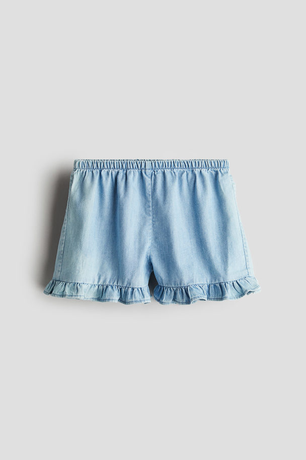 H&M Frill-trimmed Cotton Shorts Light Blue