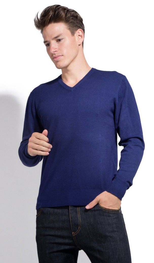 William de Faye V-neck Sweater Midnight Blue Frost Grey