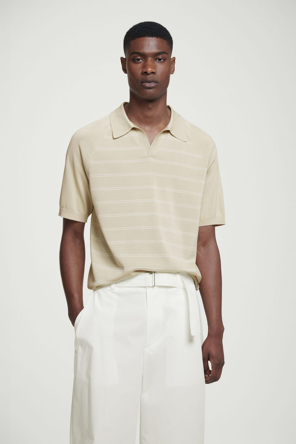 COS Striped Knitted Polo Shirt Beige