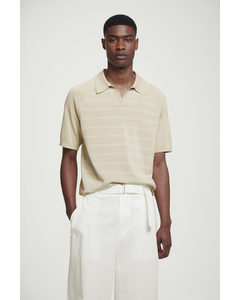 Stribet Strikket Poloshirt Beige