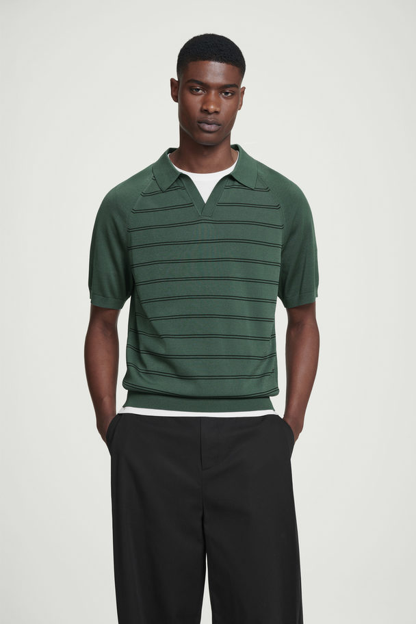 COS Striped Knitted Polo Shirt Green