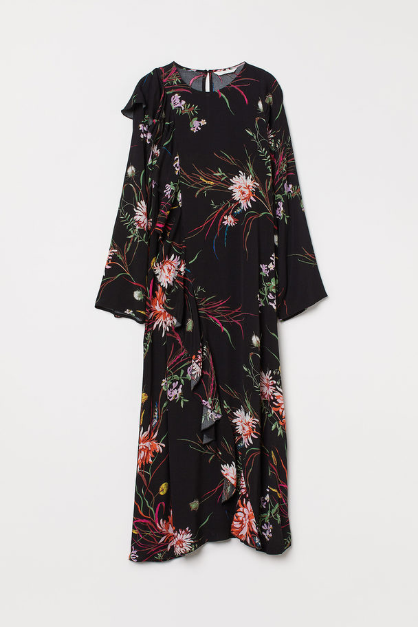 H&M Maxi-jurk Met Volant Zwart/bloemen