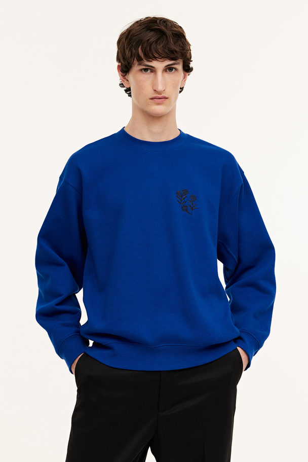 H&M Oversized Fit Sweatshirt Bright Blue/flowers