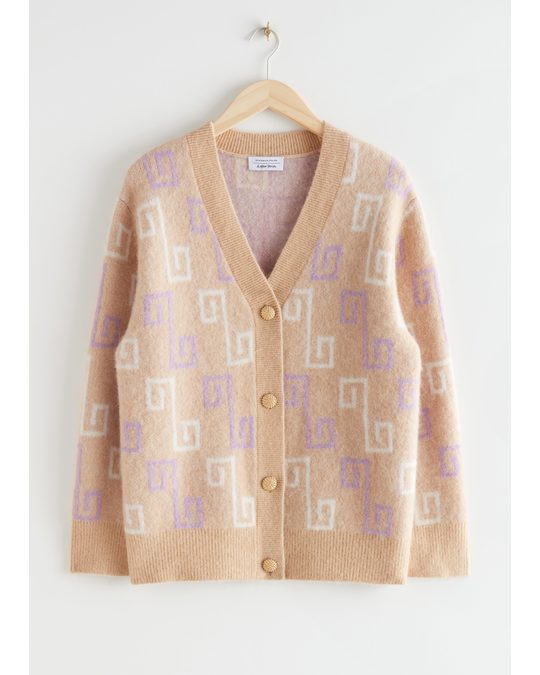 & Other Stories Relaxed Jacquard Knit Cardigan Beige/white Motif
