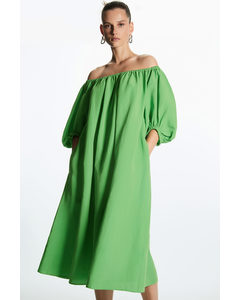Linen-blend Puff-sleeve Dress Green
