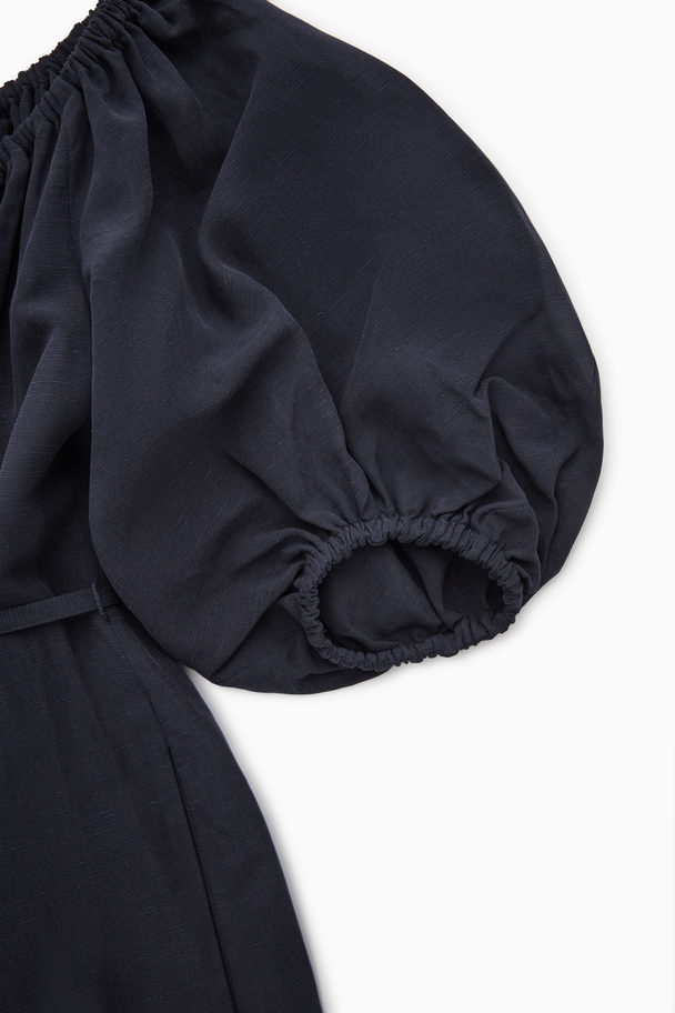 COS Linen-blend Puff-sleeve Dress Navy