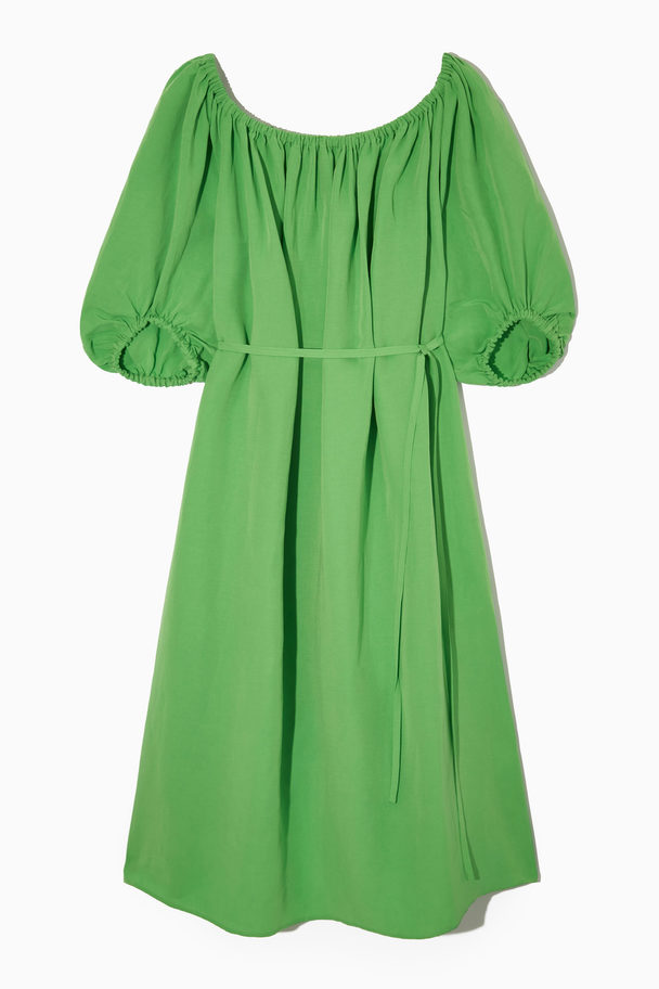 COS Linen-blend Puff-sleeve Dress Green