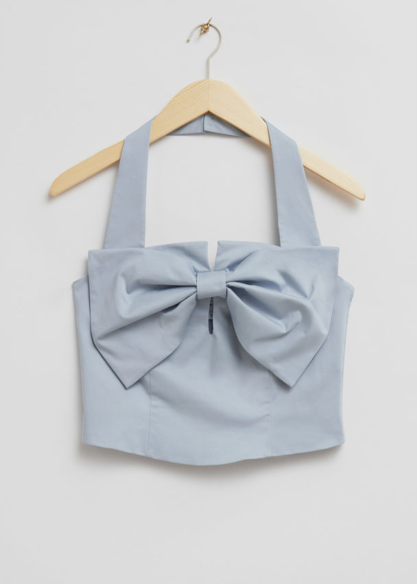 & Other Stories Cropped Bow Detail Halterneck Top Dusty Blue