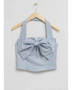 Cropped Bow Detail Halterneck Top Dusty Blue
