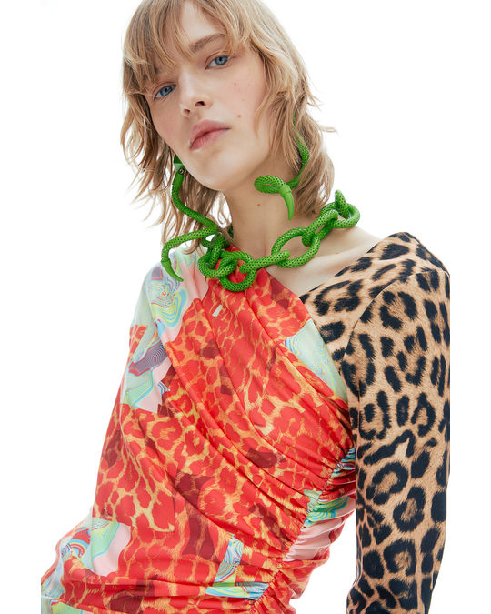 H&M Draped Jersey Top Orange/leopard Print