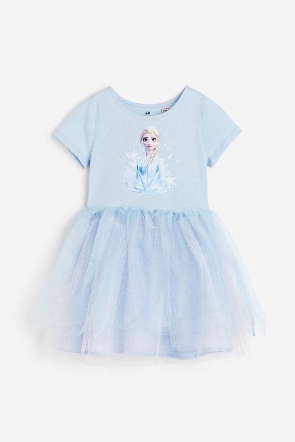 H&M Printed Tulle Dress Light Blue/frozen