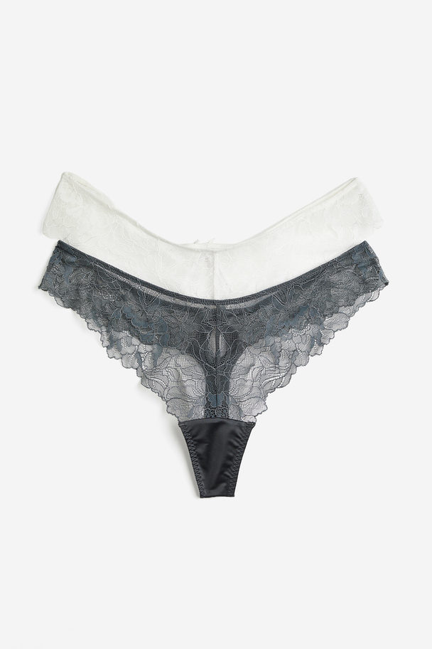 H&M 2-pack Lace Thong Briefs Dark Grey/white