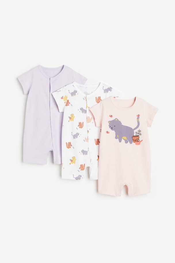 H&M 3-pack Pyjamasoverall I Bomull Lys Lilla/katter