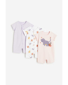 3-pack Cotton Sleepsuits Light Purple/cats
