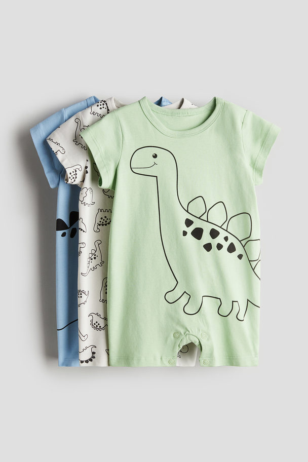 H&M 3-pack Cotton Sleepsuits Light Green/dinosaurs