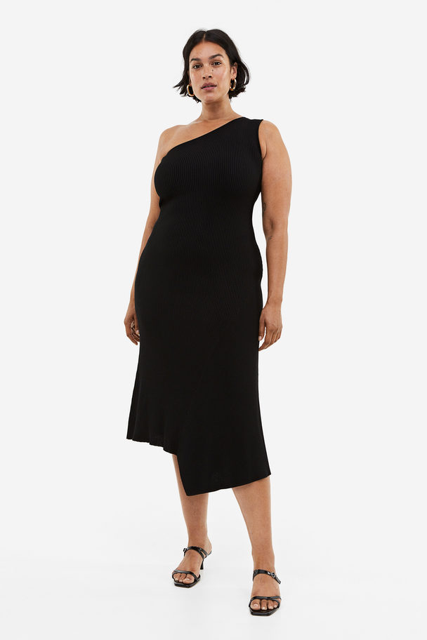 H&M One-Shoulder-Kleid aus Rippstrick Schwarz