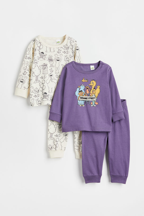 H&M 2-pack Printed Jersey Pyjamas Purple/sesame Street