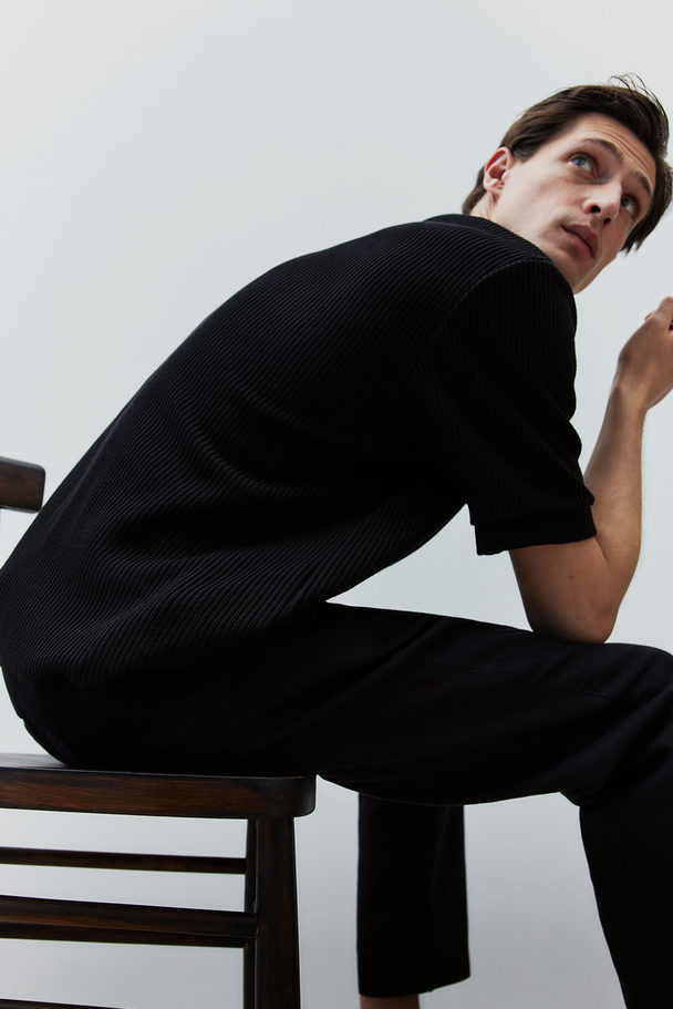 H&M Ribgebreid Poloshirt - Regular Fit Zwart