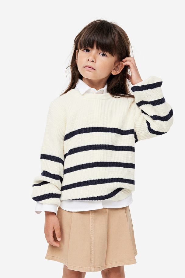 H&M Textured-knit Jumper White/black Striped