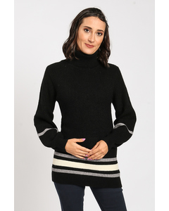 Tricolor Turtleneck Sweater With Slightly Balloon Sleeves