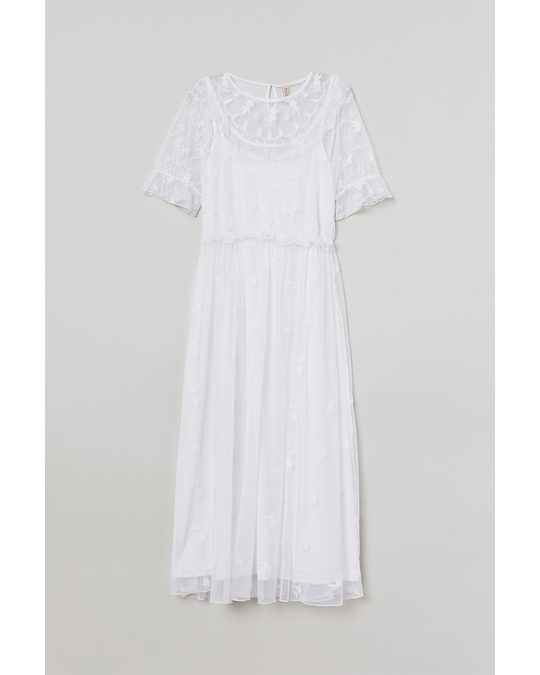 H&M Embroidered Mesh Dress White