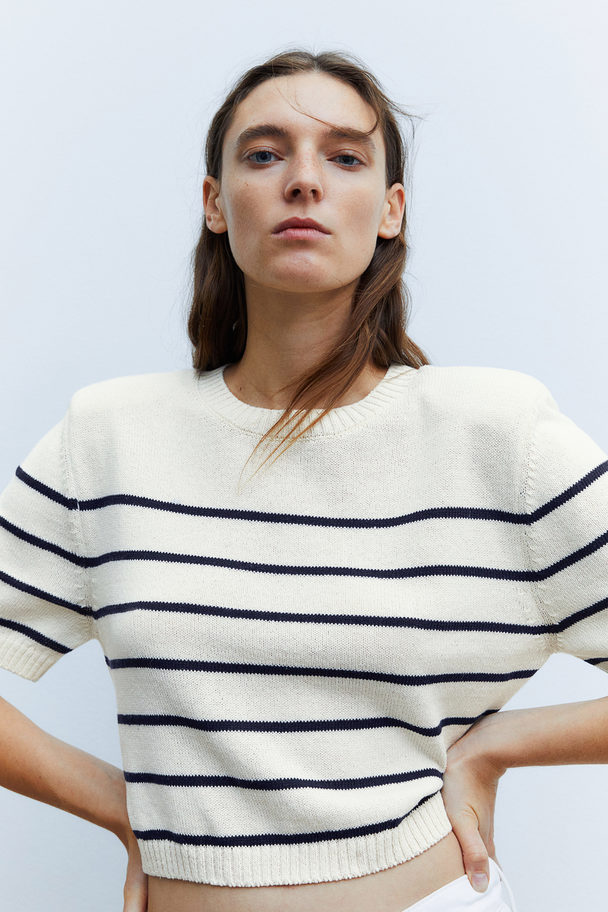 H&M Knitted Shoulder-pad Top Cream/striped