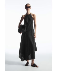 Asymmetric Halterneck Linen Dress Black