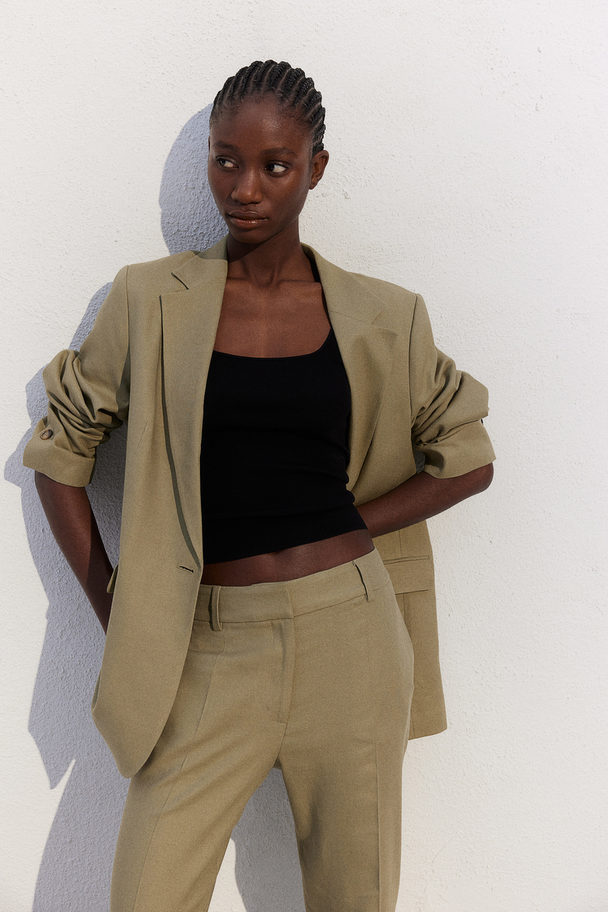 H&M Linen-blend Trousers Khaki Green