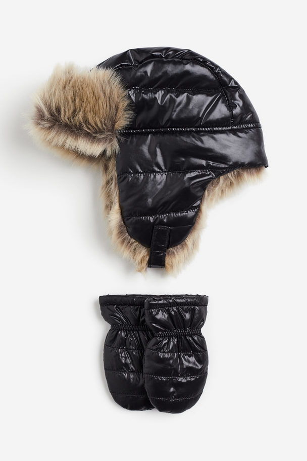 H&M Earflap Hat And Mittens Black