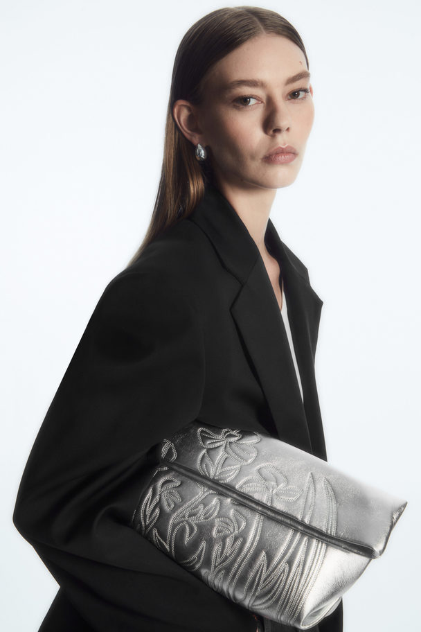 COS Embroidered Western Clutch - Leather Silver