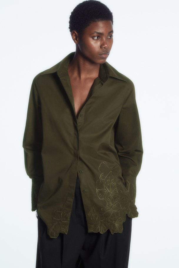 COS Oversized Embroidered Shirt Dark Green