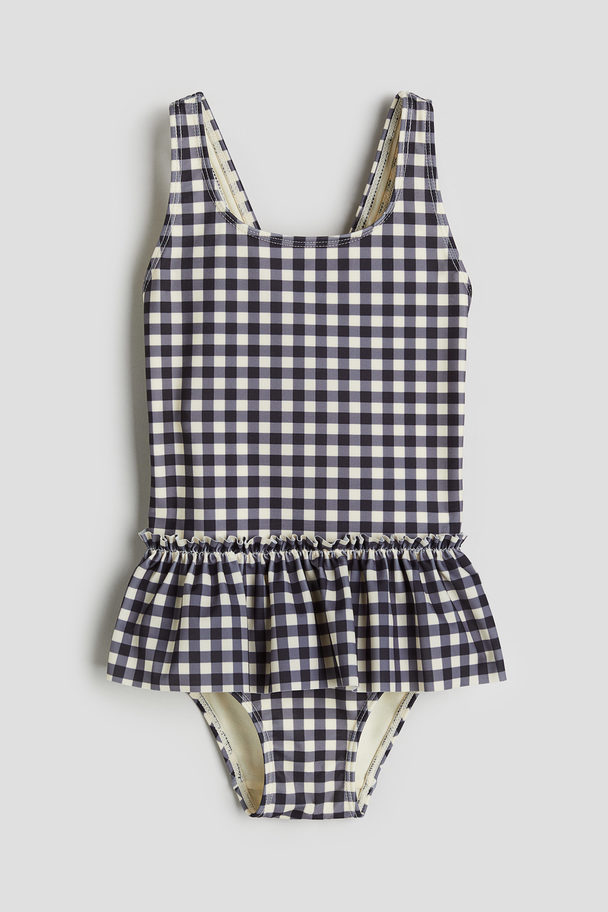 H&M Flounce-trimmed Swimsuit Dark Grey/checked