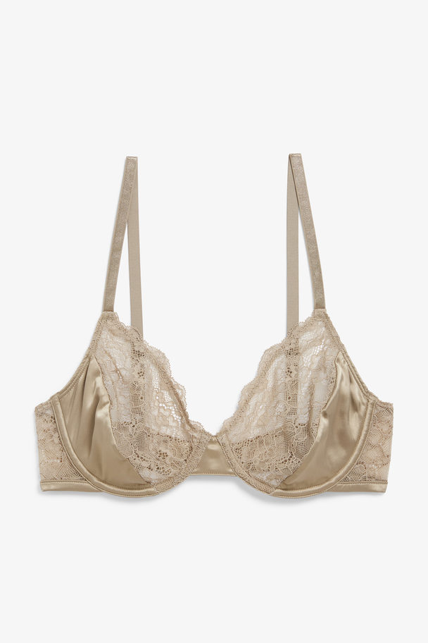Monki Taupe Lace And Satin Wire Bralette Taupe