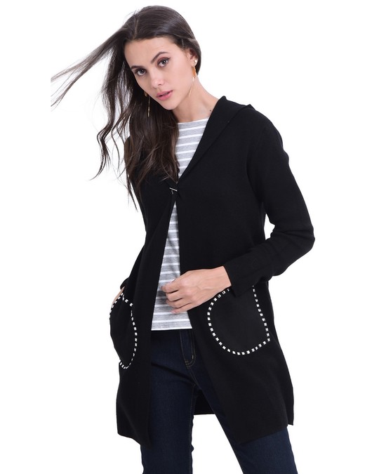 William de Faye Hooded Long Cardigan With Studded Pockets