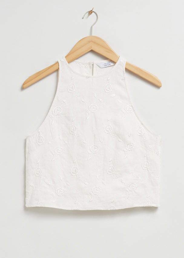 & Other Stories Linen Round Neck Cropped Top White Floral Linen