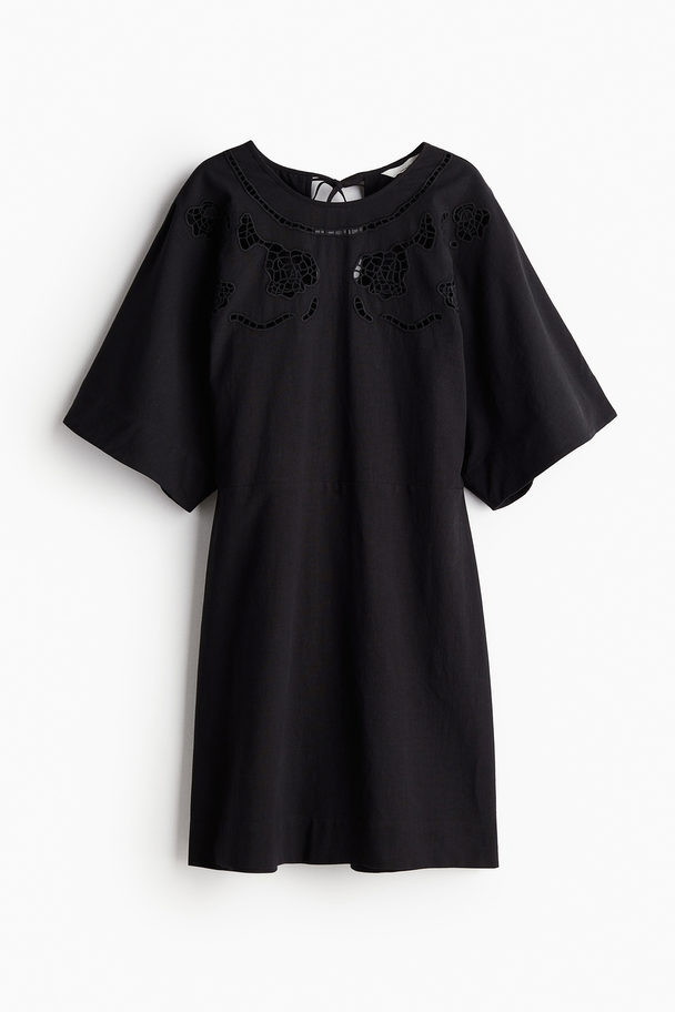 H&M Kleid aus Leinenmix mit Broderie Anglaise Schwarz