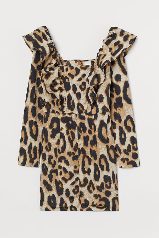 H&M Flounce-trimmed Dress Light Beige/leopard Print