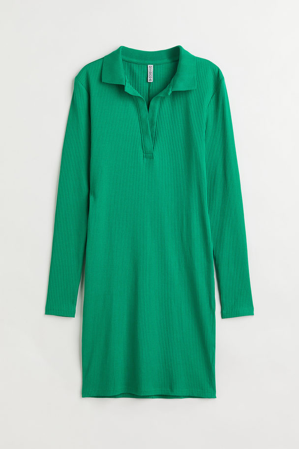 H&M Ribbad Bodycon-klänning Med Krage Grön