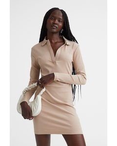 Collared Ribbed Bodycon Dress Beige
